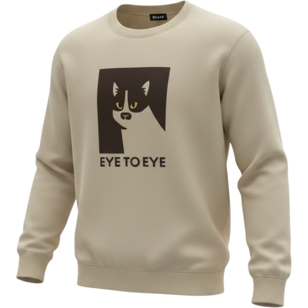 Beams Japanese Streetwear Eye To Eye Cat Graphic Sweatshirt Beige Tan L